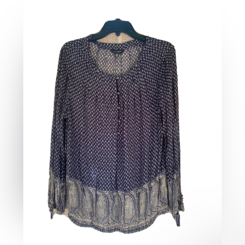 Lucky Brand Womens Large Sheer Long Sleeve Blue Mixed Print Viscose Boho Top